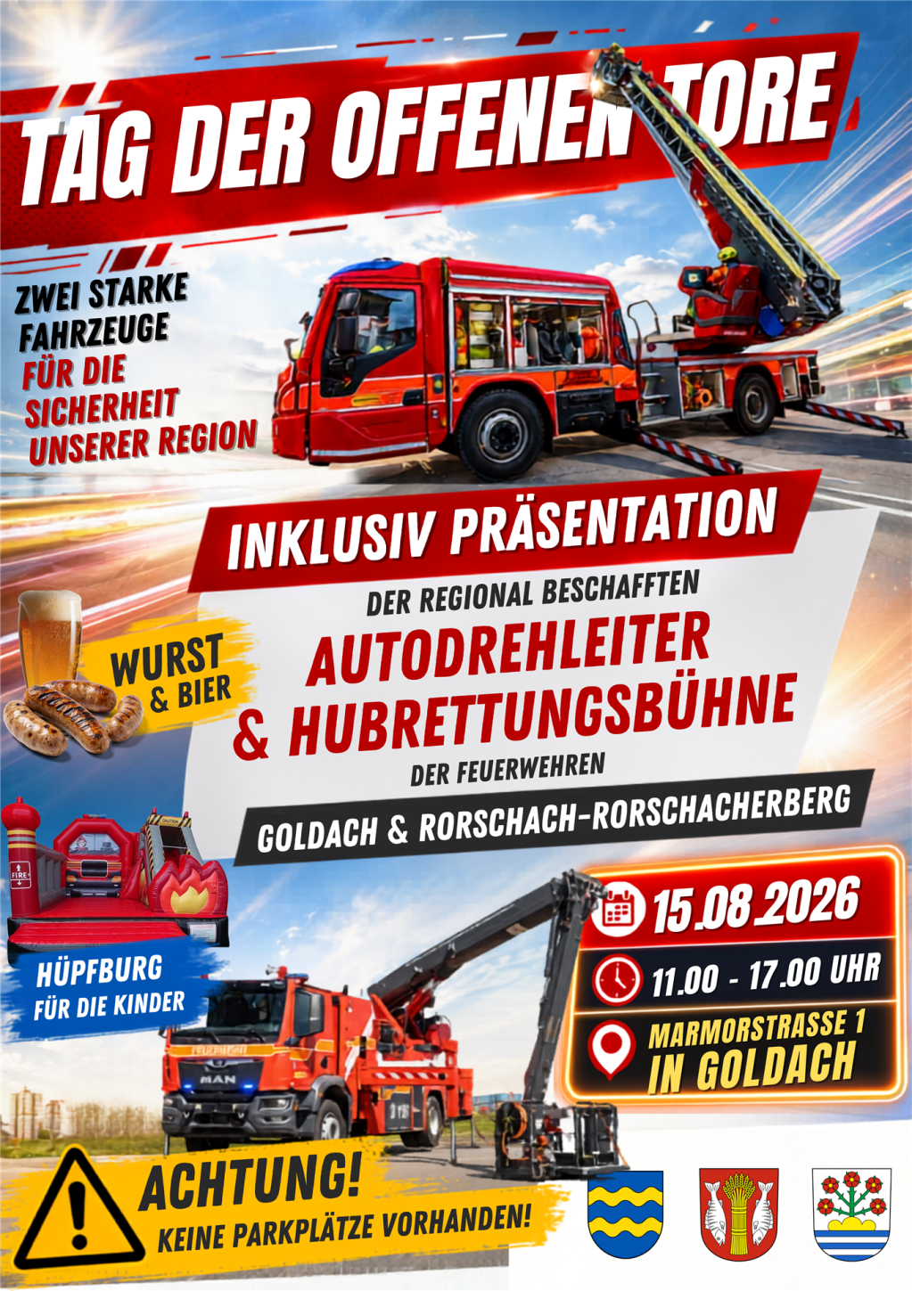 Werbeplakat für einen Tag der offenen Tore mit Feuerwehrfahrzeugen, Autodrehleiter und Informationen zu Datum, Ort und Programm